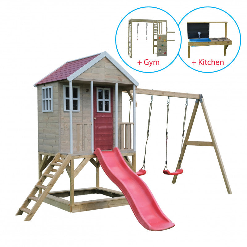 Casuta de gradina Summer Adventure House cu platforma cu loc pentru nisip, tobogan si leagan dublu (M29R), Wendi Toys